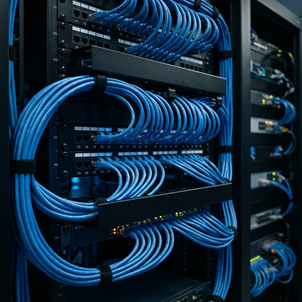 Techniker bei der Installation von Netzwerktechnik