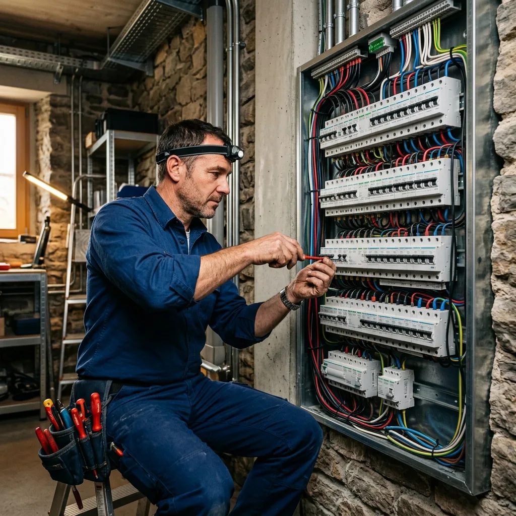 Elektriker bei der Elektroinstallation in einem Wohnhaus