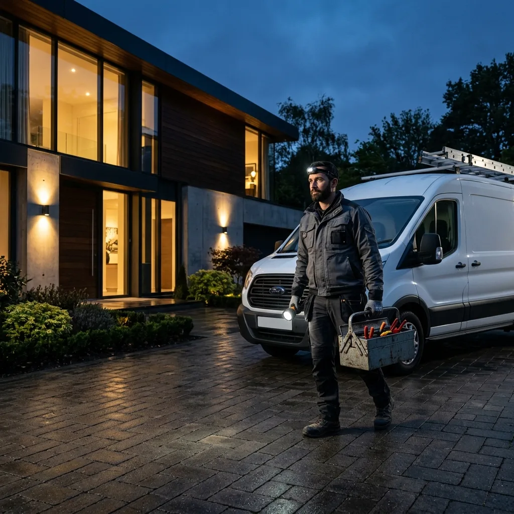 Elektriker im Notdienst-Einsatz vor einem Wohnhaus